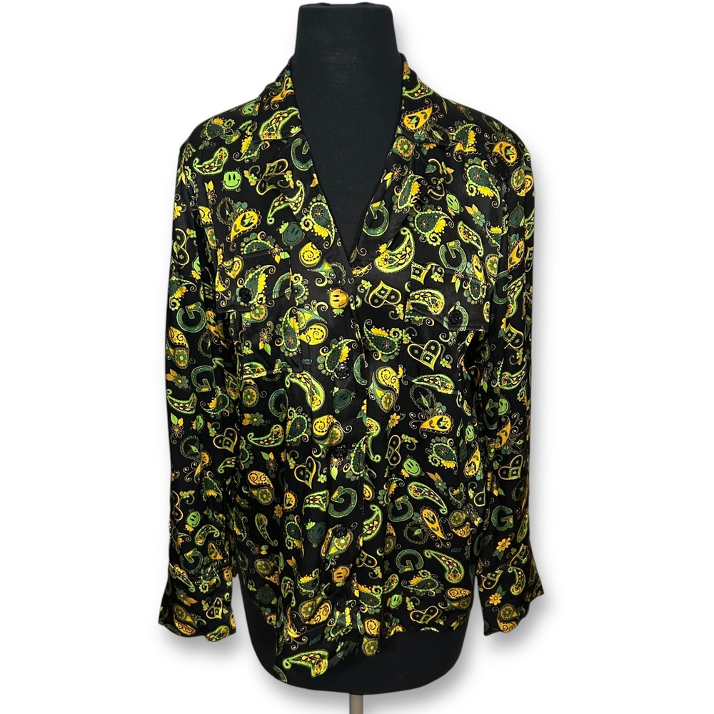 EUC Ganni Satin Smiley Paisley Button Down Long Sleeve Top Black Women 36 (US 4)